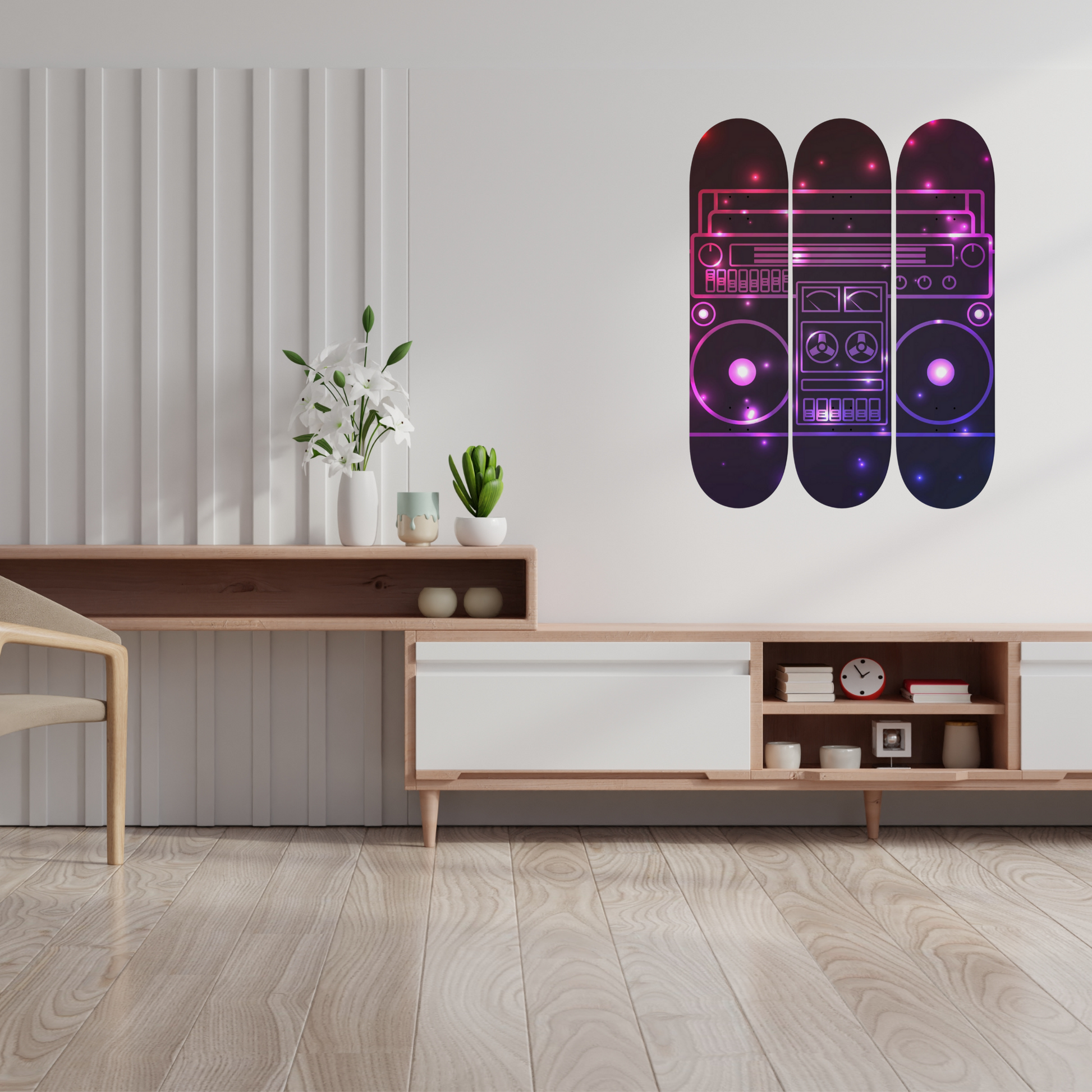 Get ready for a groovy ride with this "Skateboard Wall Art" featuring three skateboards stacked with a retro boombox.