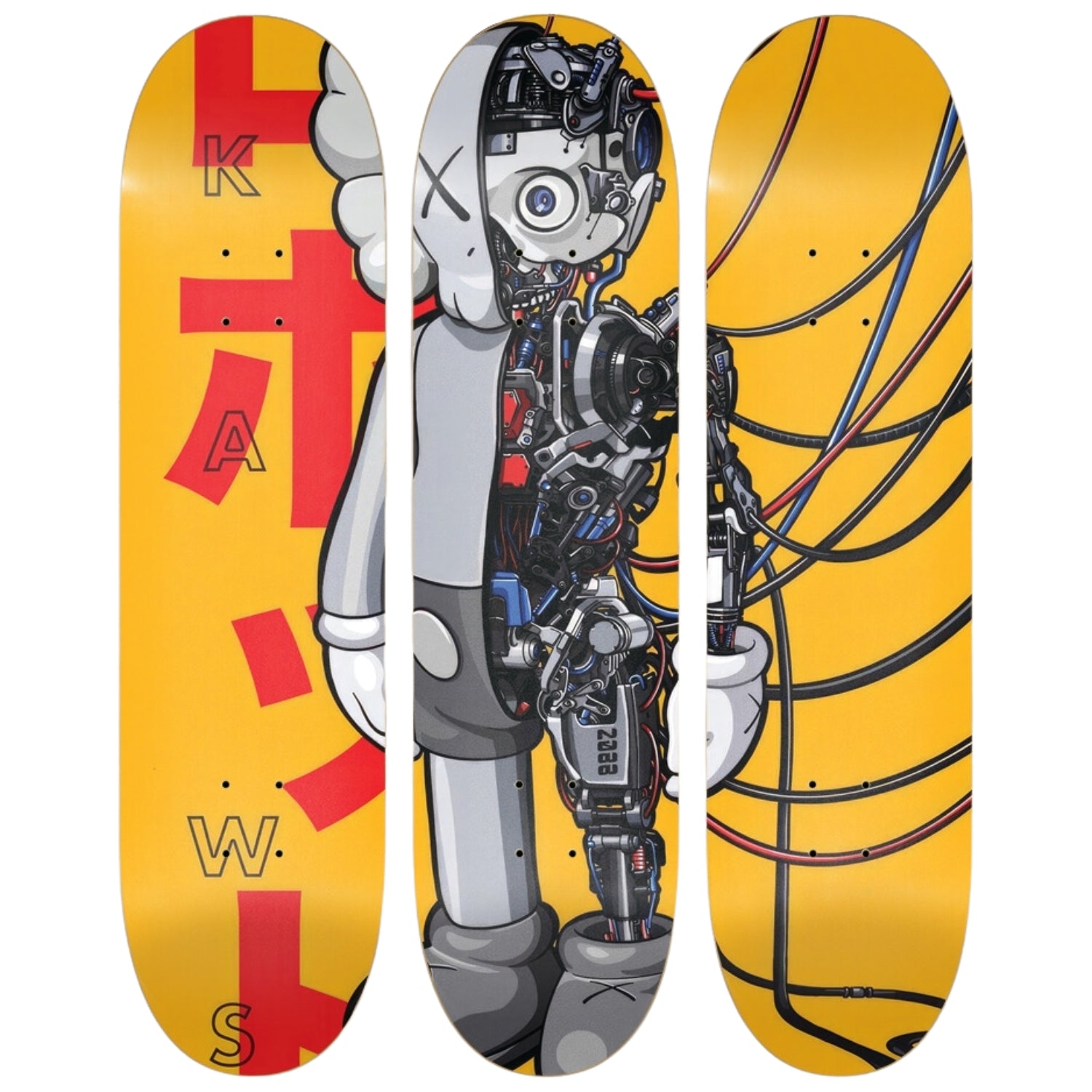 Exquisitely crafted, the Kaws robot skateboard deck showcases a mesmerizing blend of art and style. A symbol of luxury and innovation.