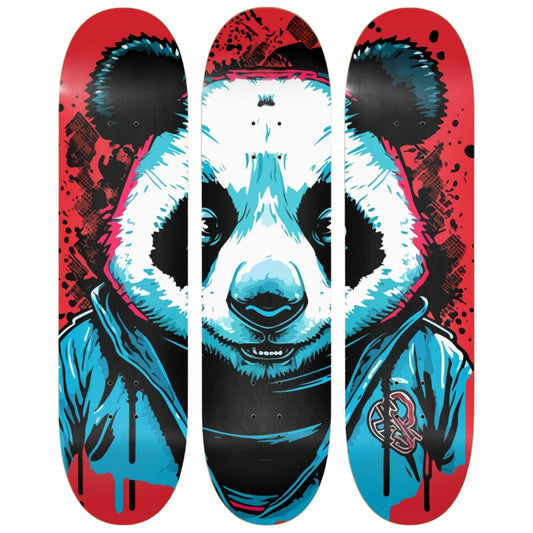 Panda skateboard graffiti art on wall.