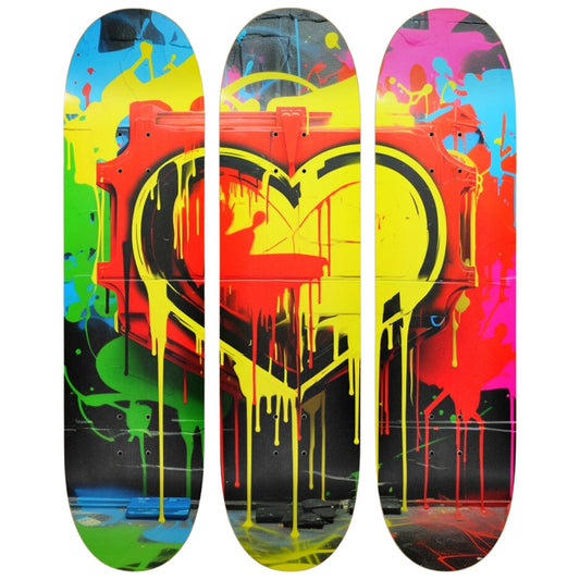 Colorful heart graffiti-covered skateboards lined up against a wall.