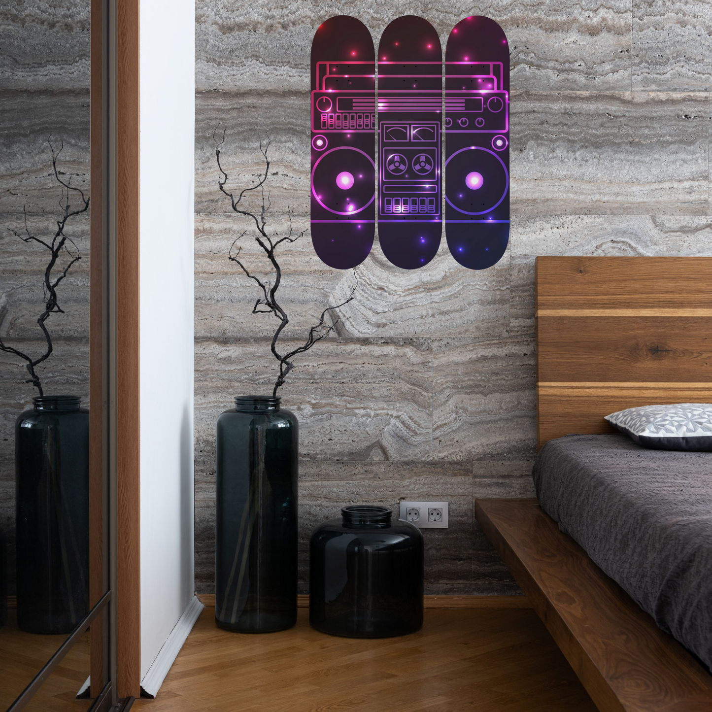 A captivating Skateboard Wall Art featuring three skateboards adorned with a stylish boombox.