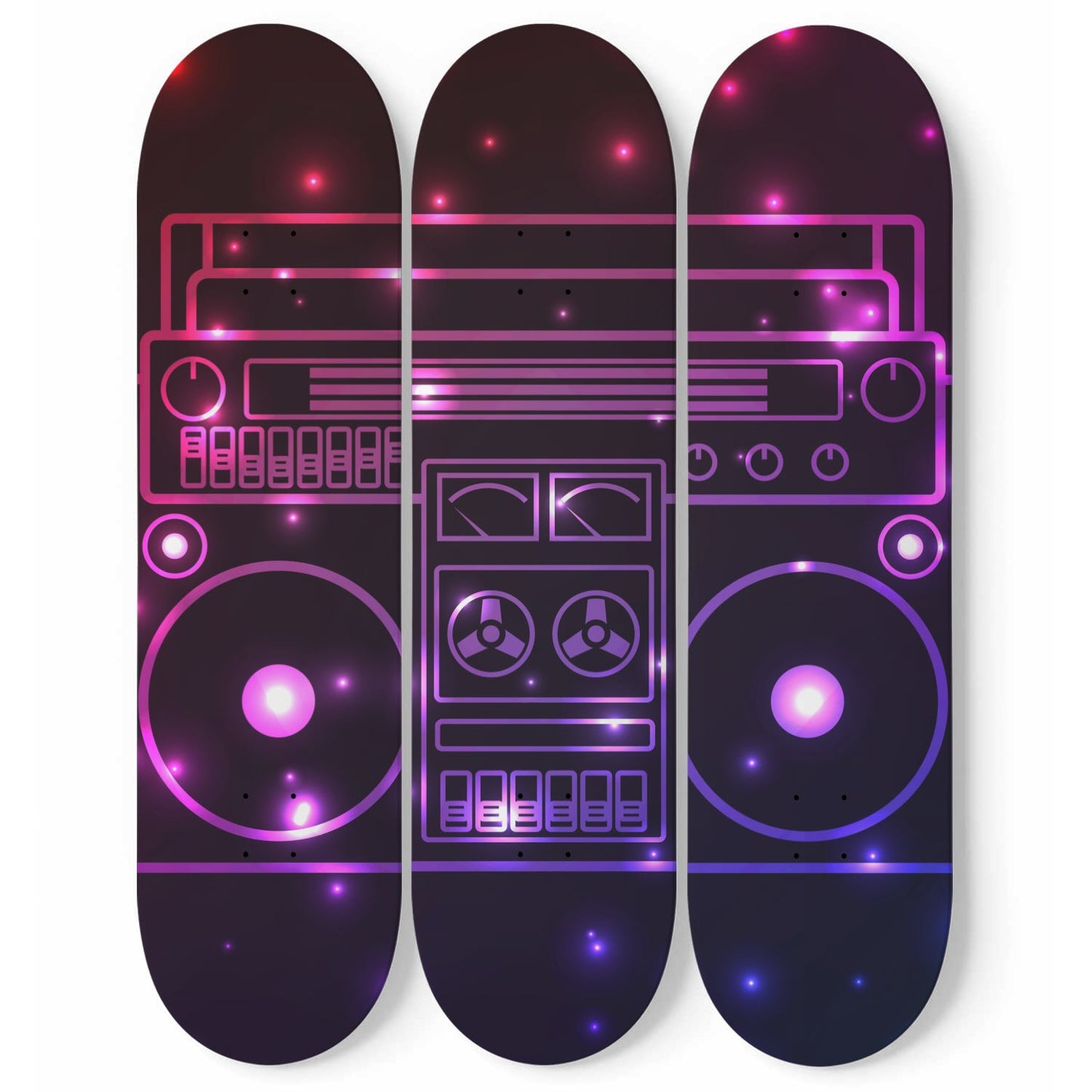 Three skateboards with a boombox, creating a vibrant and edgy Skateboard Wall Art masterpiece.