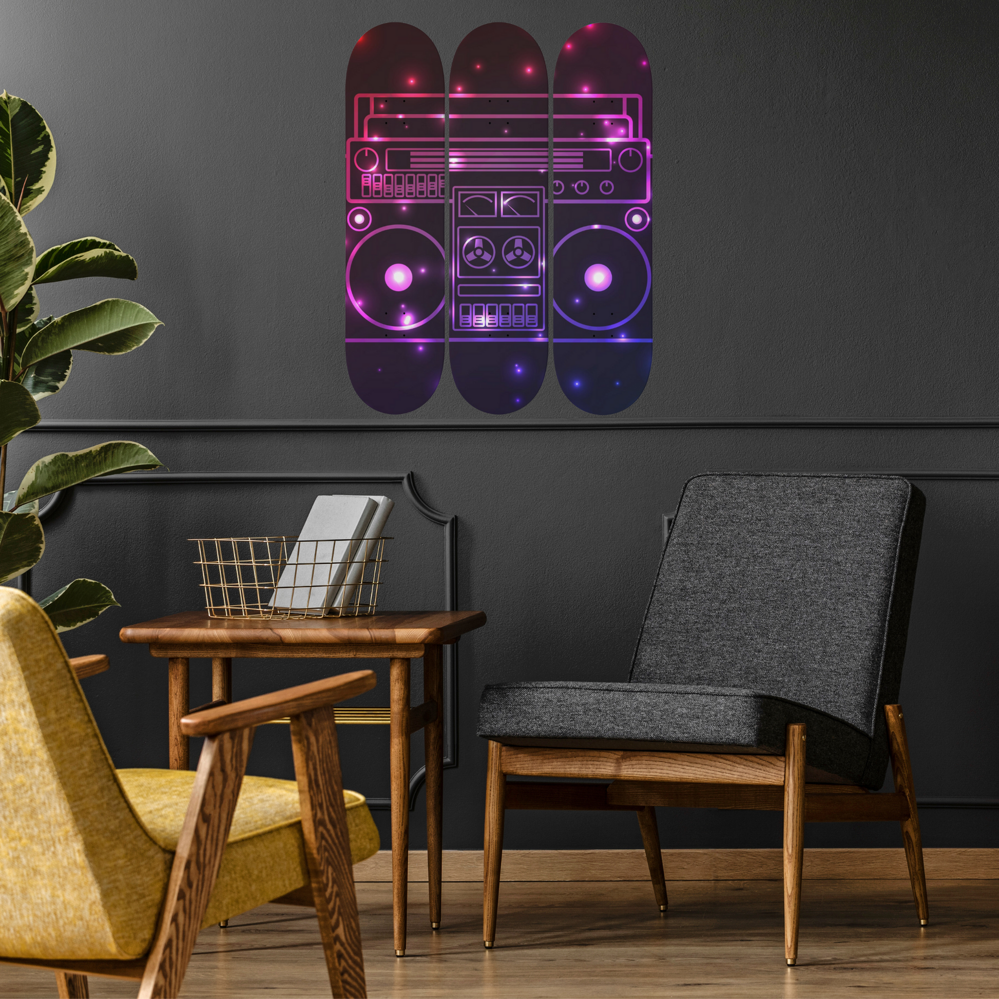 Transform your walls with a touch of rebellious charm! This "Skateboard Wall Art" features three skateboards adorned with a stylish boombox, adding flair to any space.