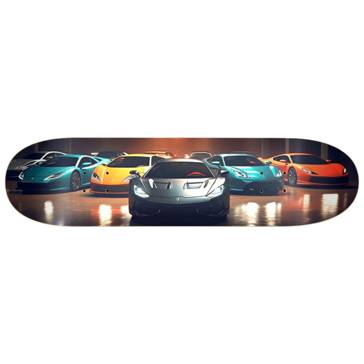 A skateboard surrounded by exotic sports cars in a room - perfect for your wall art collection!