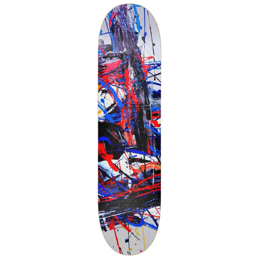 A luxurious skateboard adorned with a stunning painting, perfect for displaying as the Paint Euphoria Skateboard Wall Art.